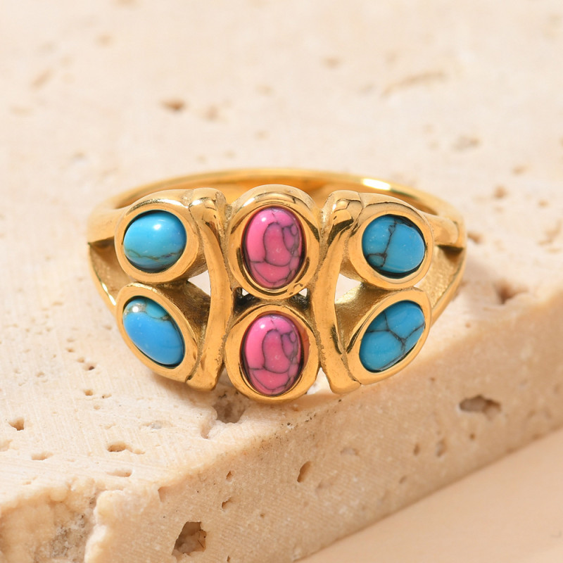Cross-Border European and American Retro Stainless Steel Jewelry Casting Inlaid Oval Turquoise Titanium Steel Ring for Women 18k Plated Jewelry Manufacturer