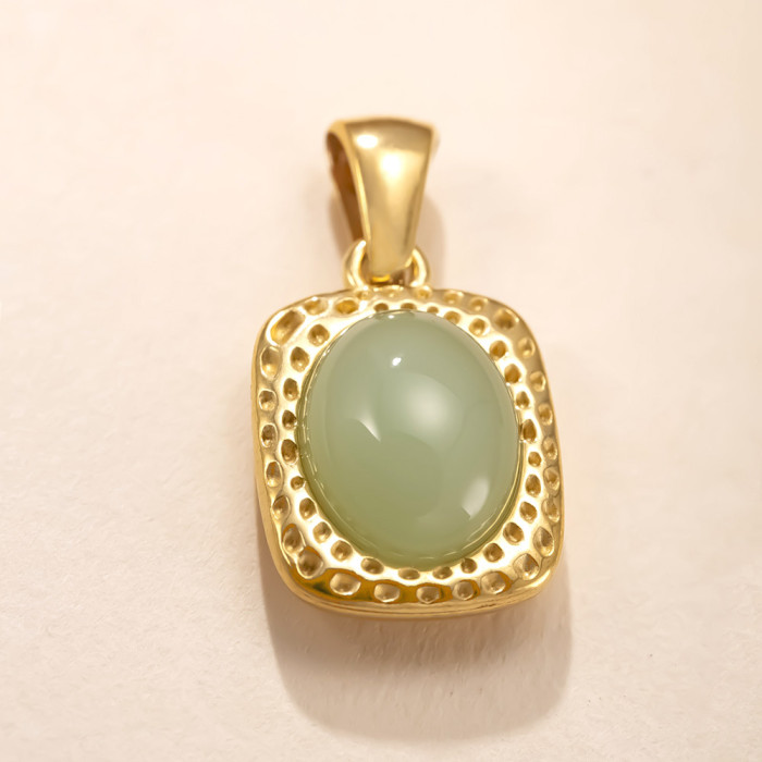 Single Pendant Stainless Steel Jewelry Square Inlaid Oval Natural Stone Necklace Vintage Light Luxury Titanium Steel...
