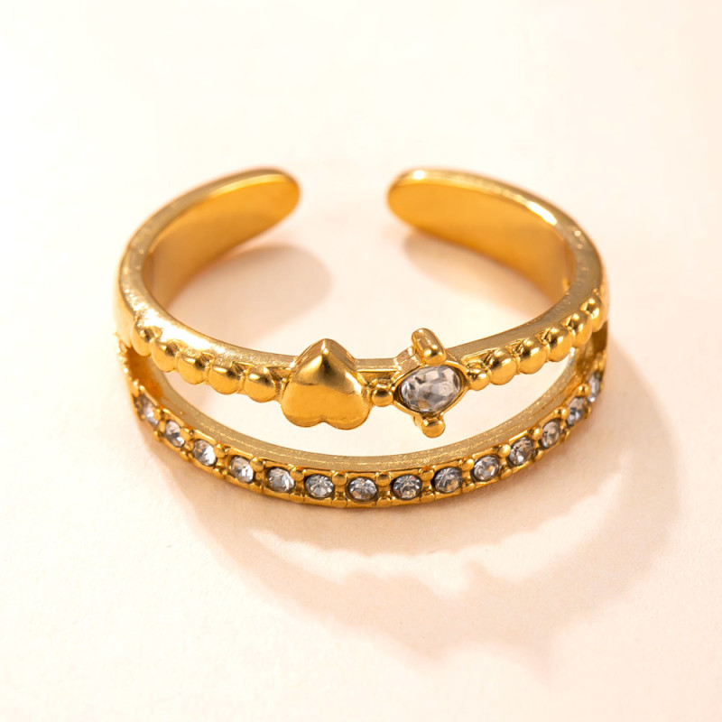 Cross-Border New Titanium Steel Jewelry Casting Double Layer Heart Inlaid Diamond Ring for Women Fashion Simple Stainless Steel Ring Wholesale