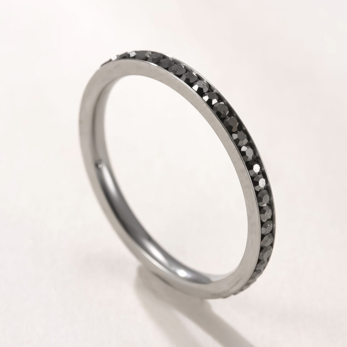 Cross-Border Hot-Selling Titanium Steel Jewelry 2mm Inlaid Colorful Diamond Couple Rings High-End Simple Stainless Steel Stackable Rings Factory