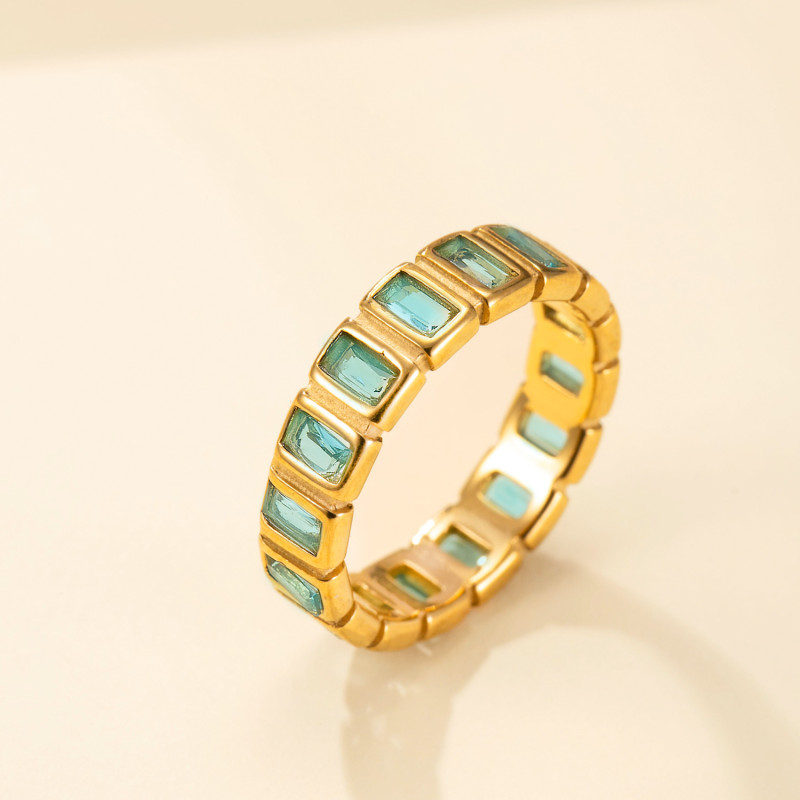 European and American Fashion Stainless Steel Jewelry Square Diamond Inlaid Index Finger Ring Light Luxury Versatile 18K Gold Plated Stainless Steel Ring