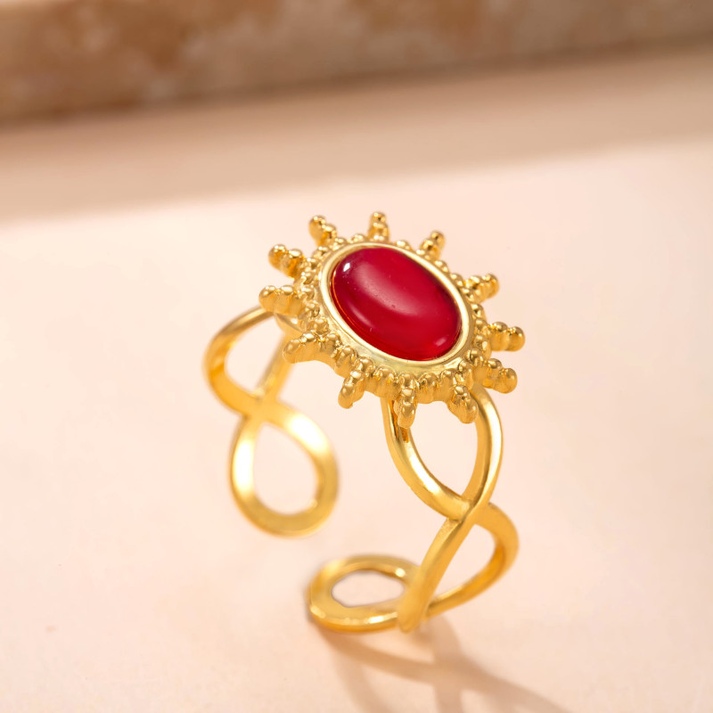 Cross-Border New Stainless Steel Ring Welding Brand Sunflower Inlaid Cat's Eye Stone Open Ring Vintage Palace Style Titanium Steel Jewelry