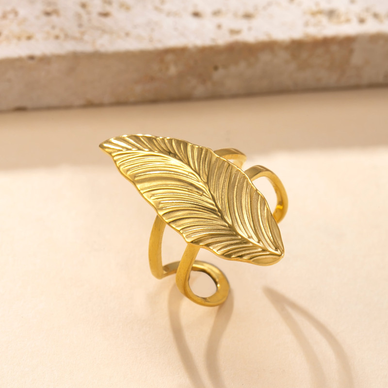 Amazon New Titanium Steel Jewelry Design Sense 18K Gold Plated Open Ring Hydraulic Press Flower Leaf Stainless Steel Ring