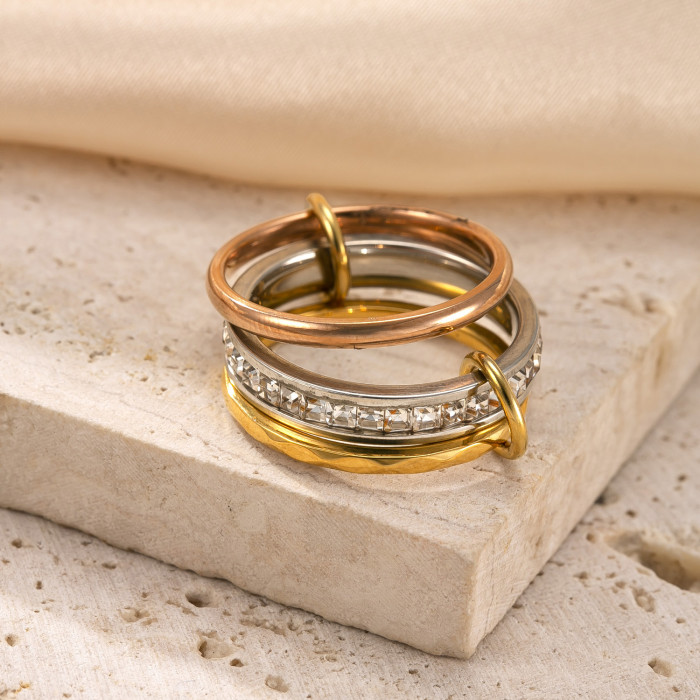Hot-Selling Stainless Steel Jewelry 18K Gold Plated High-End Feel Stackable Ring Three-Layer Color Matching Stone-I...