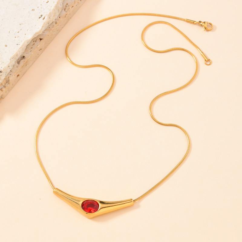 Cross-Border Hot-Selling Titanium Steel Necklace Cast Bent Tube Oval Gemstone Necklace Clavicle Chain Minimalist Style Stainless Steel Jewelry