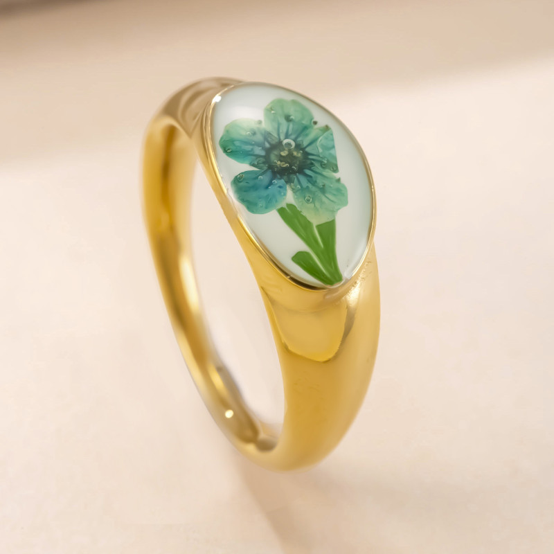 European and American Cross-Border Stainless Steel Jewelry Fashion Light Luxury Casting Resin Dried Flower Ring Non-Fading Tianmei Couple Ring
