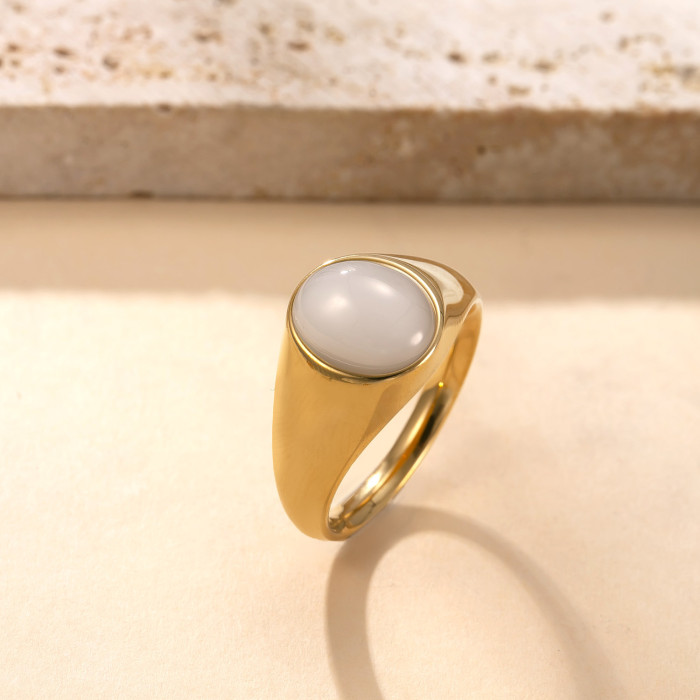 Cross-Border Exclusive Stainless Steel Ring Versatile Simple Style Titanium Steel Jewelry Casting Inlaid Oval Natural Stone Couple Ring