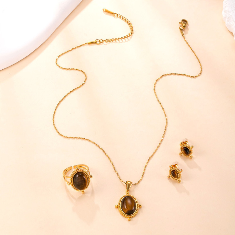 Cross-Border New Stainless Steel Necklace Hydraulic Tiger Eye Stone Open Ring High-End Vintage Titanium Steel Jewelry Set Factory