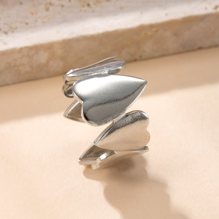 Hot Selling Stainless Steel Open Ring Titanium Steel Non-Fading Simple Hand Jewelry Oil Pressure Hollow Heart Ring Fa...