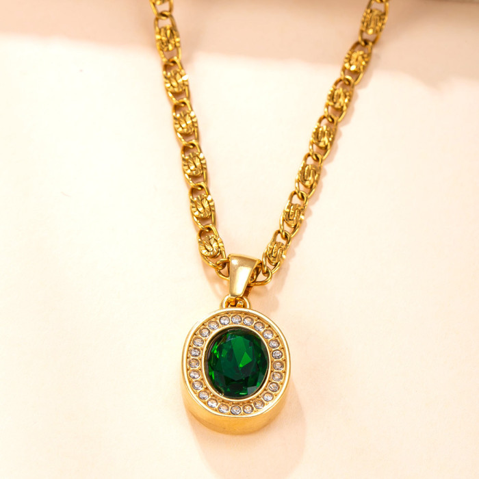Single Pendant Stainless Steel Jewelry Casting Oval Stone-Inlaid Necklace Vintage High-End Feel DIY Titanium Steel...