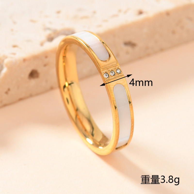 Cross-Border Hot Selling Stainless Steel Ring 4mm Shell Inlaid Diamond Ring Fashion Simple Couple Rings Wholesale