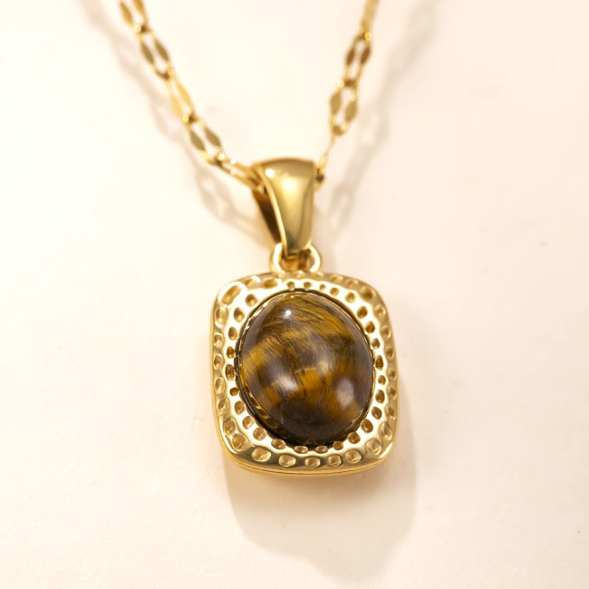 Single Pendant Stainless Steel Jewelry Square Inlaid Oval Natural Stone Necklace Vintage Light Luxury Titanium Steel...