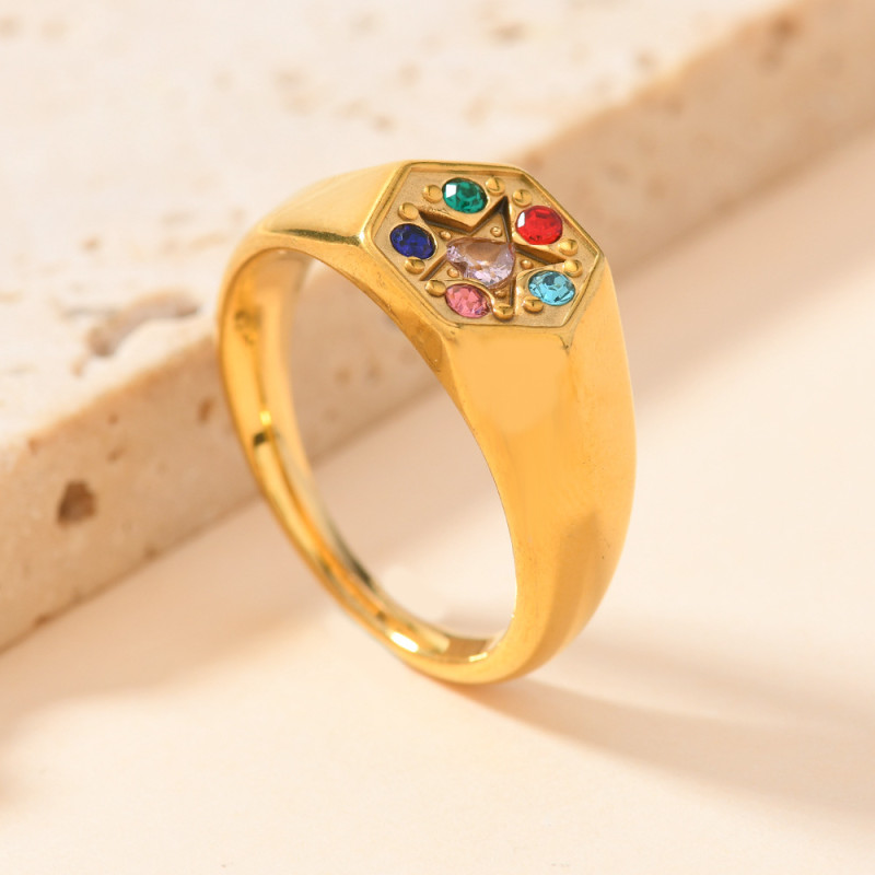 Cross-Border Fashion Stainless Steel Ring Light Luxury Retro Cast Hexagonal Inlaid Colorful Diamond Ring Pentagram Ring