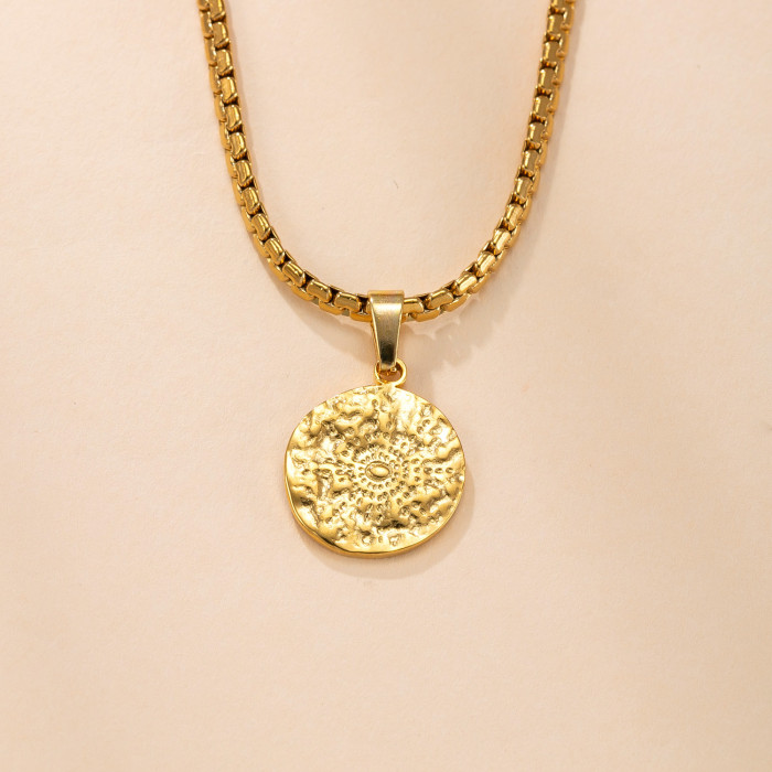 Single Pendant Cross-Border Stainless Steel Casting Jewelry Round Plate Inlaid Diamond Necklace Accessories Light Luxury Retro DIY Jewelry Wholesale