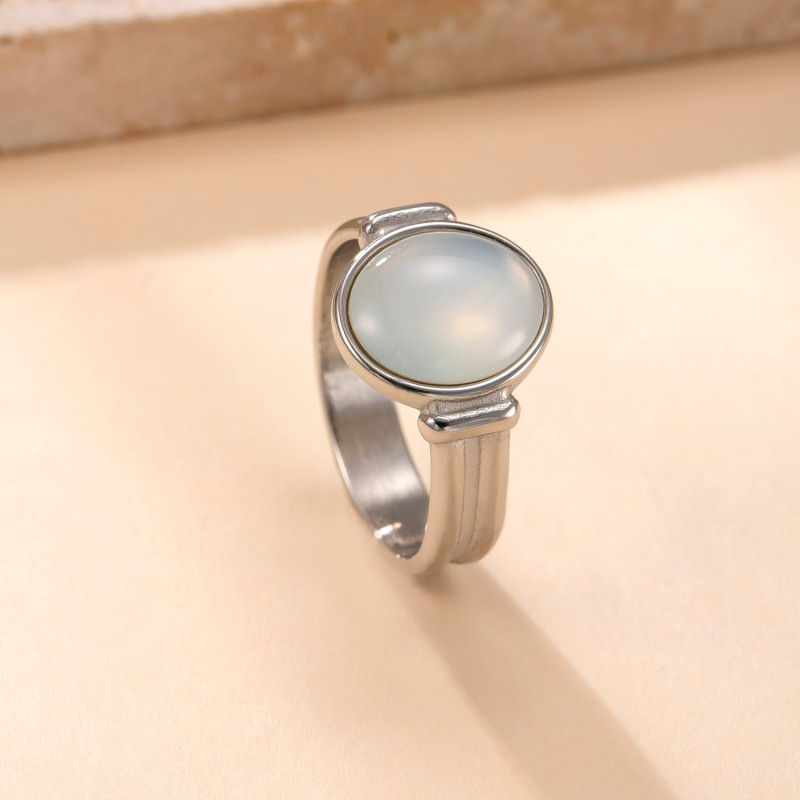 Amazon Hot-Selling Stainless Steel Ring French Retro Light Luxury Couple Ring Oval Natural Stone Titanium Steel Ring Factory