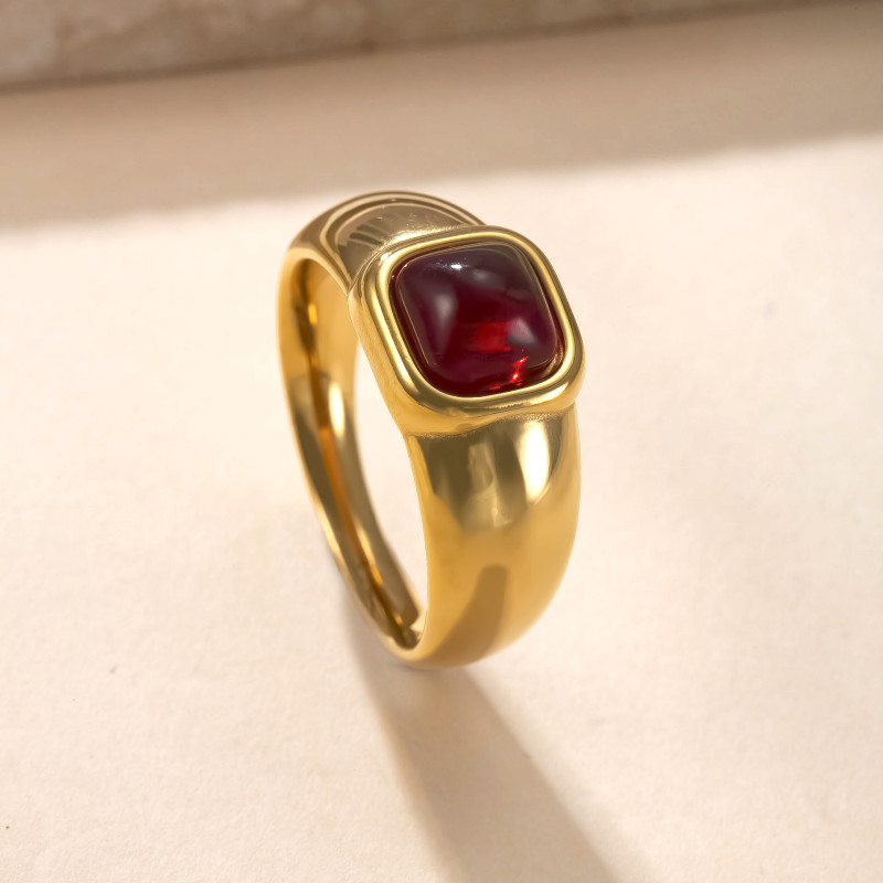 European and American Cross-Border Titanium Steel Ring for Women, Non-Fading, Cast Square Gemstone Ring, 18K Gold Plated Stainless Steel Jewelry