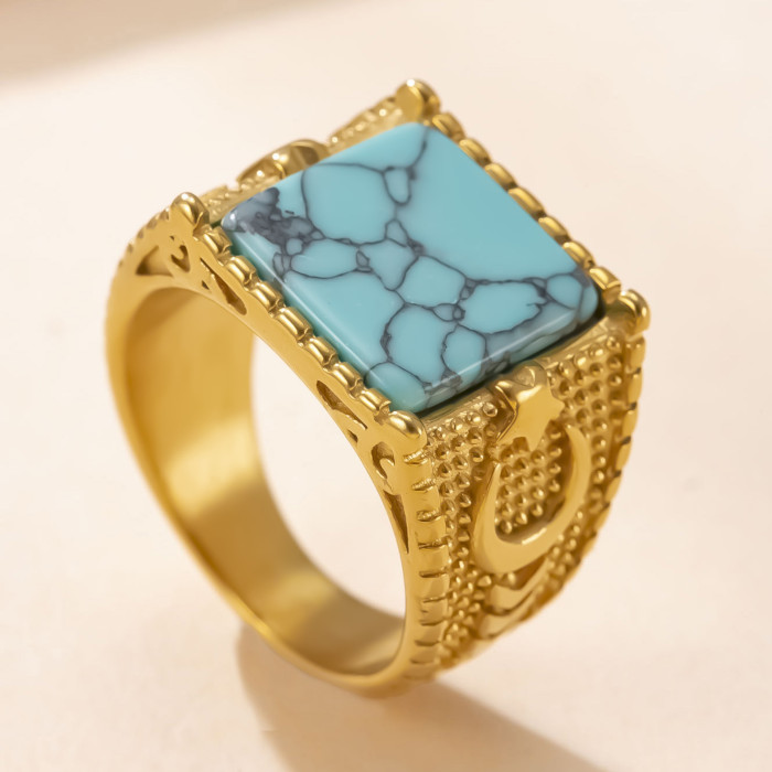 Amazon New Stainless Steel Ring Casting Geometric Blue Turquoise Couple Ring Retro Light Luxury Style Titanium Steel...