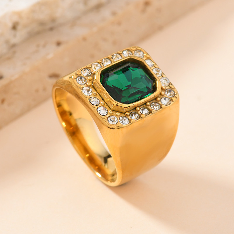 Cross-Border European and American Titanium Steel Jewelry Casting Square Zircon Inlaid Stainless Steel Ring Fashionable High-End Couple Rings Factory