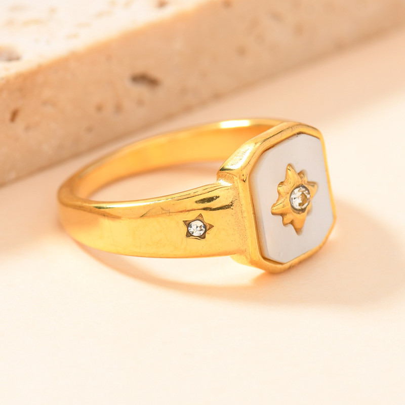 European and American Cross-Border Stainless Steel Ring for Women, Niche White Shell Inlaid Diamond Ring, North Star Ring, Titanium Steel Jewelry