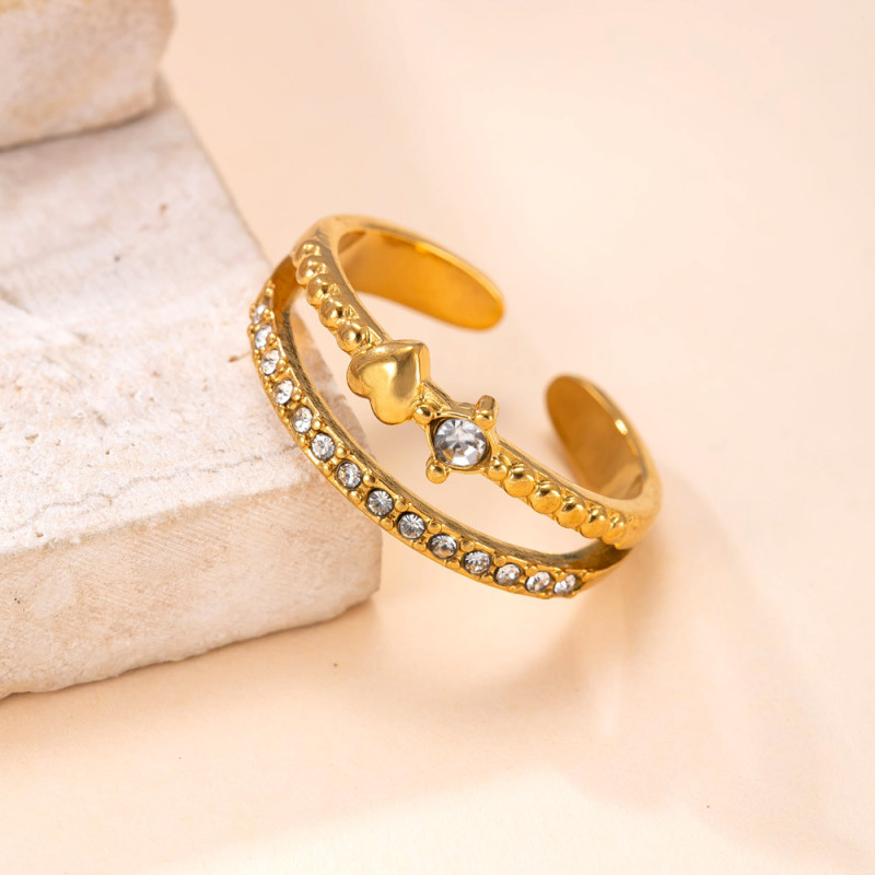 Cross-Border New Titanium Steel Jewelry Casting Double Layer Heart Inlaid Diamond Ring for Women Fashion Simple Stainless Steel Ring Wholesale
