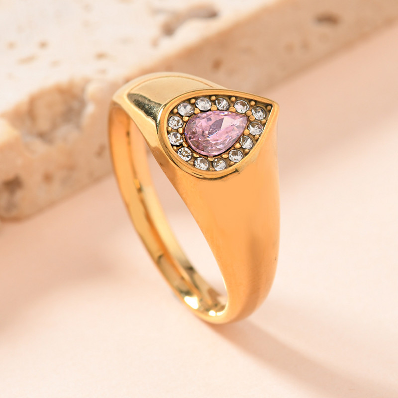 European and American Court Style Titanium Steel Ring Fashionable Light Luxury Cast Water Drop Shaped Colored Diamond Ring 18k Gold Plated Jewelry Manufacturer