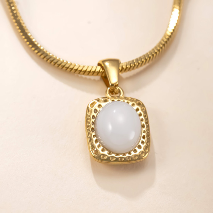 Single Pendant Stainless Steel Jewelry Square Inlaid Oval Natural Stone Necklace Vintage Light Luxury Titanium Steel...