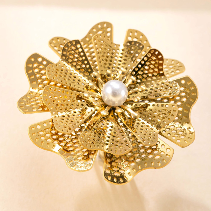 Cross-Border New Stainless Steel Ring Hollow Multi-Layer Flower Inlaid Pearl Open Ring Vintage Light Luxury Titanium Steel Jewelry