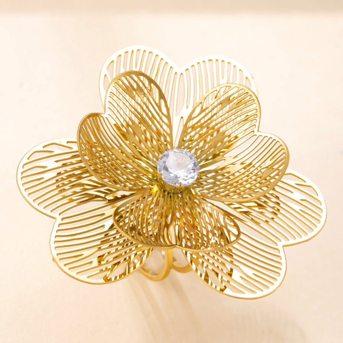 Cross-Border Hot Titanium Steel Jewelry Multi-Layer Hollow Flower Inlaid Diamond Ring Vintage High-End Stainless Steel Ring Manufacturer