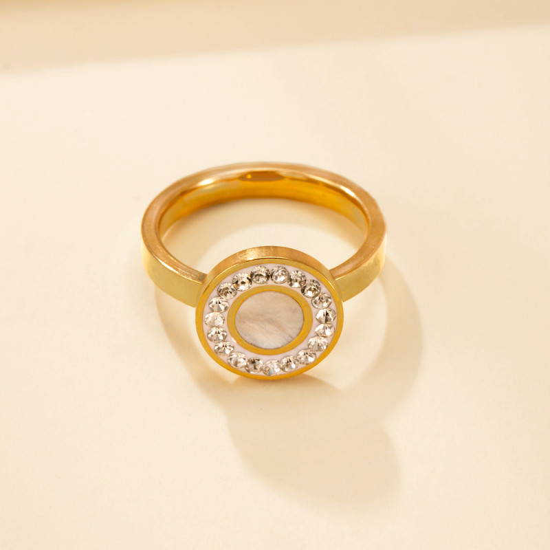 Cross-Border Hot Selling Stainless Steel Jewelry Welding Brand Round Diamond-Inlaid Ring for Women Non-Fading Light Luxury Titanium Steel Ring Wholesale Factory