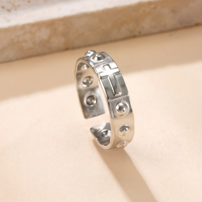 Titanium Steel Jewelry Oil Pressure Hollow Cross Ring for Women, Niche Design Titanium Steel Non-Fading Ring