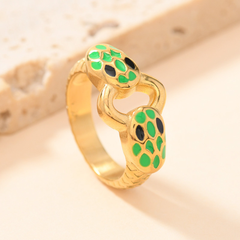 Cross-Border European and American New Stainless Steel Ring Light Luxury Style Casting Drip Colorful Oil Double-Headed Snake Ring Ring Manufacturer