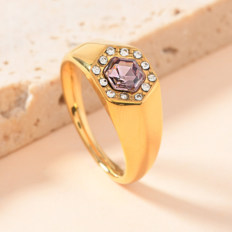 Cross-Border Fashion Stainless Steel Ring Cast Hexagonal Inlaid Colorful Diamond Ring Fashion Light Luxury Titanium Steel Jewelry Wholesale