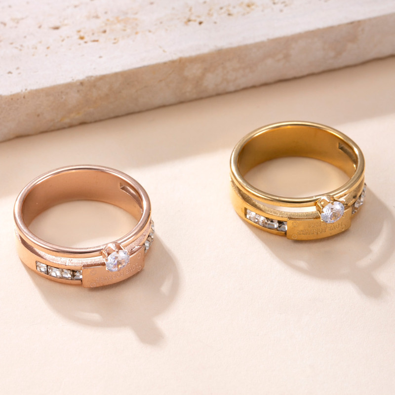 Cross-Border Hot-Selling Stainless Steel Ring Fashionable High-End Couple Rings Double Layer Welded Brand Engraving Six-Prong Diamond Inlaid Ring