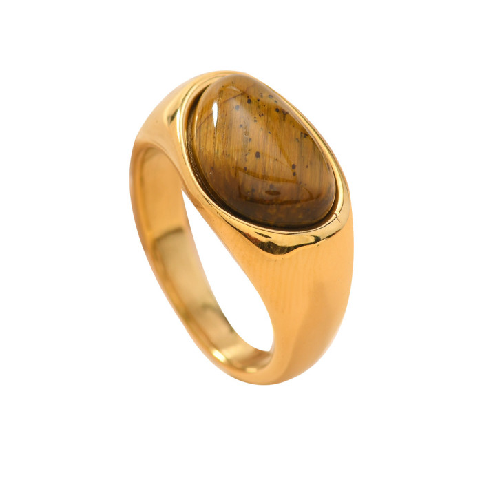 Cross-Border Retro Style Cast Three-Dimensional Triangle Ring Simple Design Inlaid with Natural Stone 18k Gold Stainless Steel Jewelry