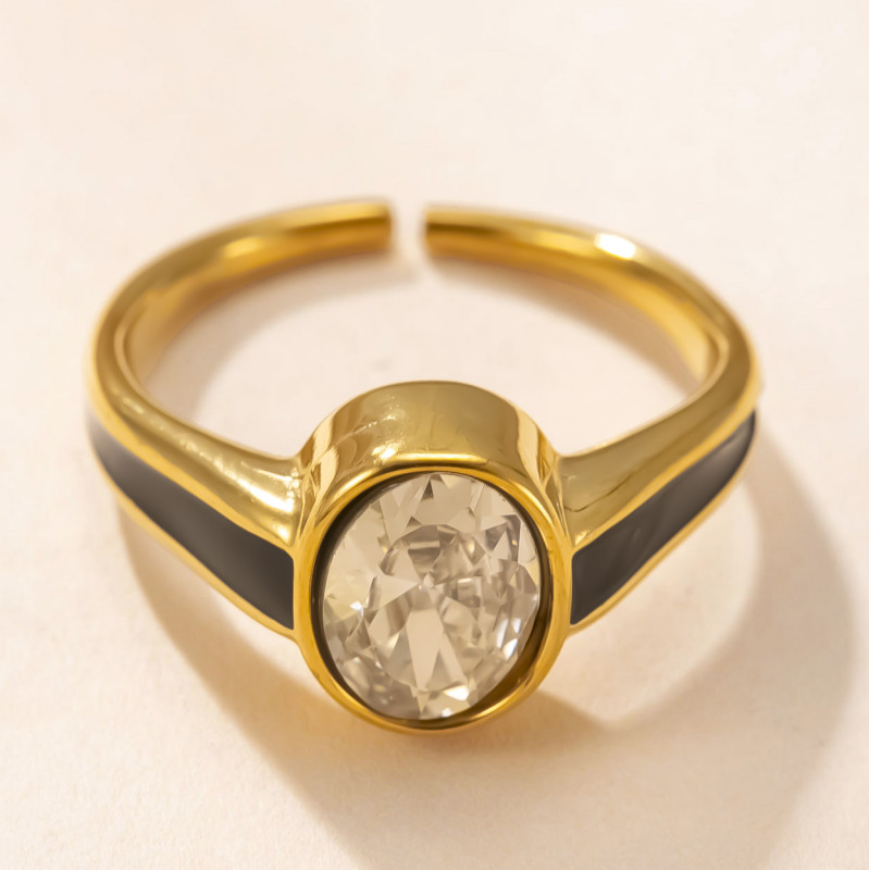 Cross-Border Exclusive Stainless Steel Ring with Black Oil Inlay Oval Zircon Fashion Simple Titanium Steel Jewelry Wholesale Factory