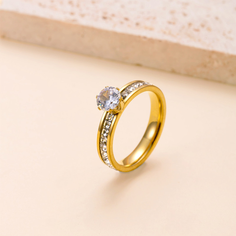 Cross-Border Hot Selling Stainless Steel Ring Six-Claw Diamond-Encrusted Couple Rings Fashionable High-End Titanium Steel Jewelry Wholesale Factory