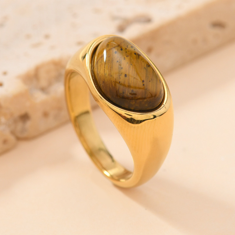 Cross-Border Retro Style Cast Three-Dimensional Triangle Ring Simple Design Inlaid with Natural Stone 18k Gold Stainless Steel Jewelry