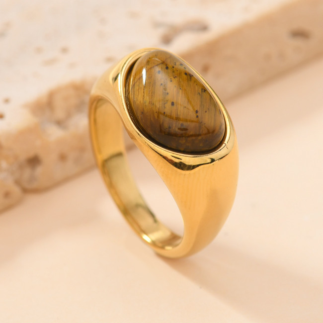 Cross-Border Retro Style Cast Three-Dimensional Triangle Ring Simple Design Inlaid with Natural Stone 18k Gold Stainless Steel Jewelry