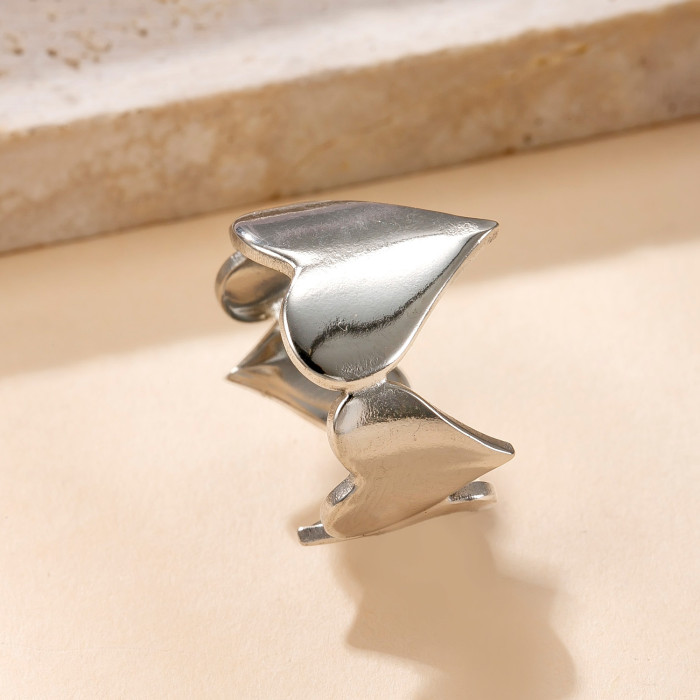 Hot Selling Stainless Steel Open Ring Titanium Steel Non-Fading Simple Hand Jewelry Oil Pressure Hollow Heart Ring Fa...