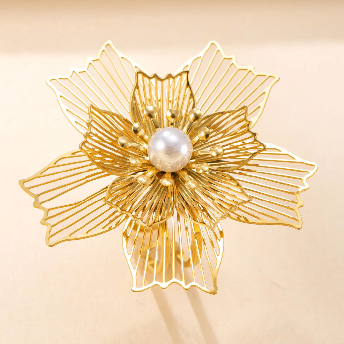 Cross-Border New Stainless Steel Ring Hollow Multi-Layer Flower Inlaid Pearl Open Ring Vintage Light Luxury Titanium Steel Jewelry