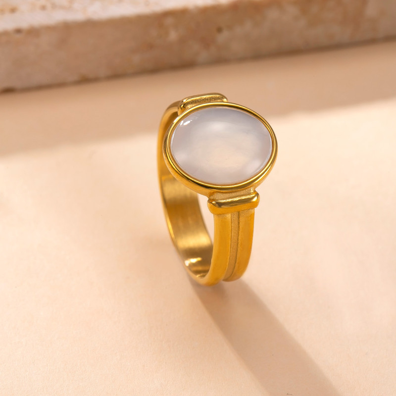 Amazon Hot-Selling Stainless Steel Ring French Retro Light Luxury Couple Ring Oval Natural Stone Titanium Steel Ring Factory