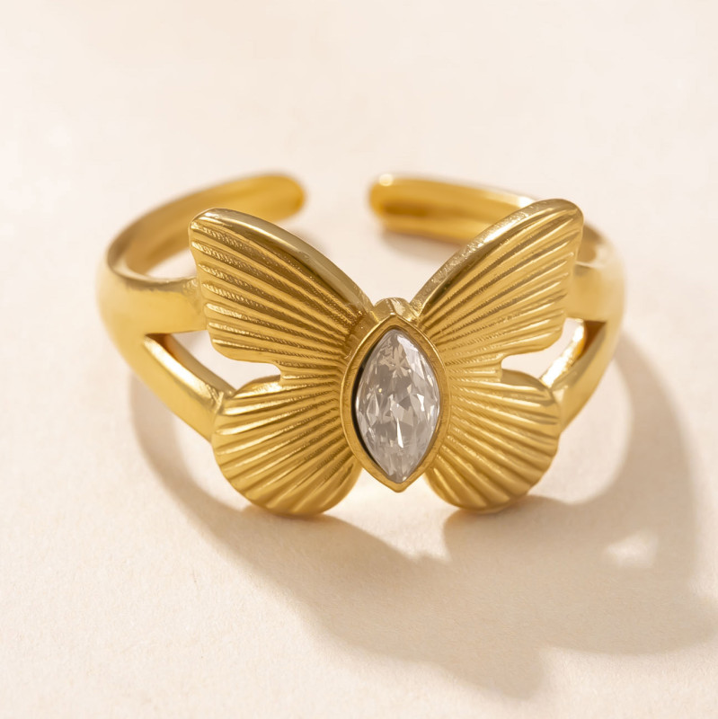 Cross-Border Hot-Selling Titanium Steel Jewelry Korean Style Design 18K Gold Plated Ring for Women Hydraulic Butterfly Inlaid Diamond Open Ring
