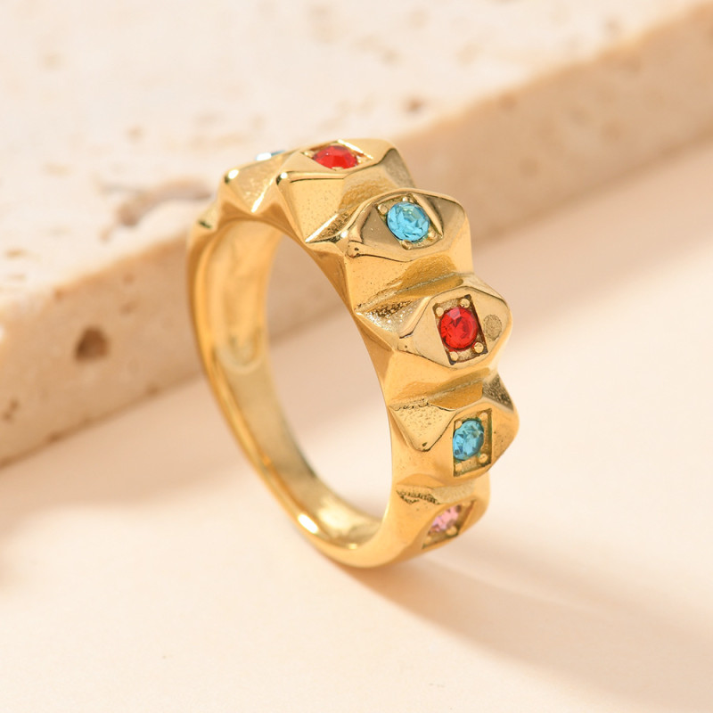 Cross-Border Fashion Stainless Steel Ring for Women High-End Luxury Cast Inlaid Colorful Diamond Ring Titanium Steel Jewelry Wholesale