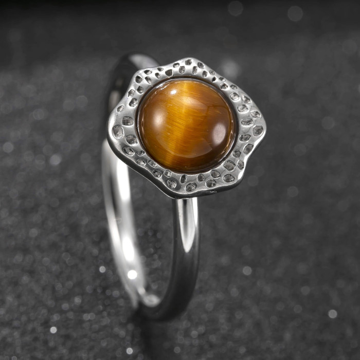 Cross-Border New Stainless Steel Ring Irregular Sunflower Natural Stone Ring Melad Vintage Titanium Steel Jewelry Factory