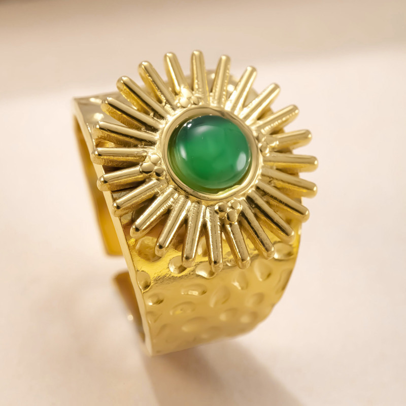 Cross-Border Vintage Style Titanium Steel Ring Sunflower Cat's Eye Stone Open Ring Light Luxury High-End Feel Stainless Steel Jewelry Wholesale