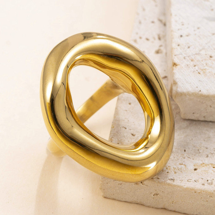 Cross-Border Hot Selling Stainless Steel Jewelry Light Luxury Design Sense Index Finger Ring Casting Irregular Oval Hollow Ring Factory