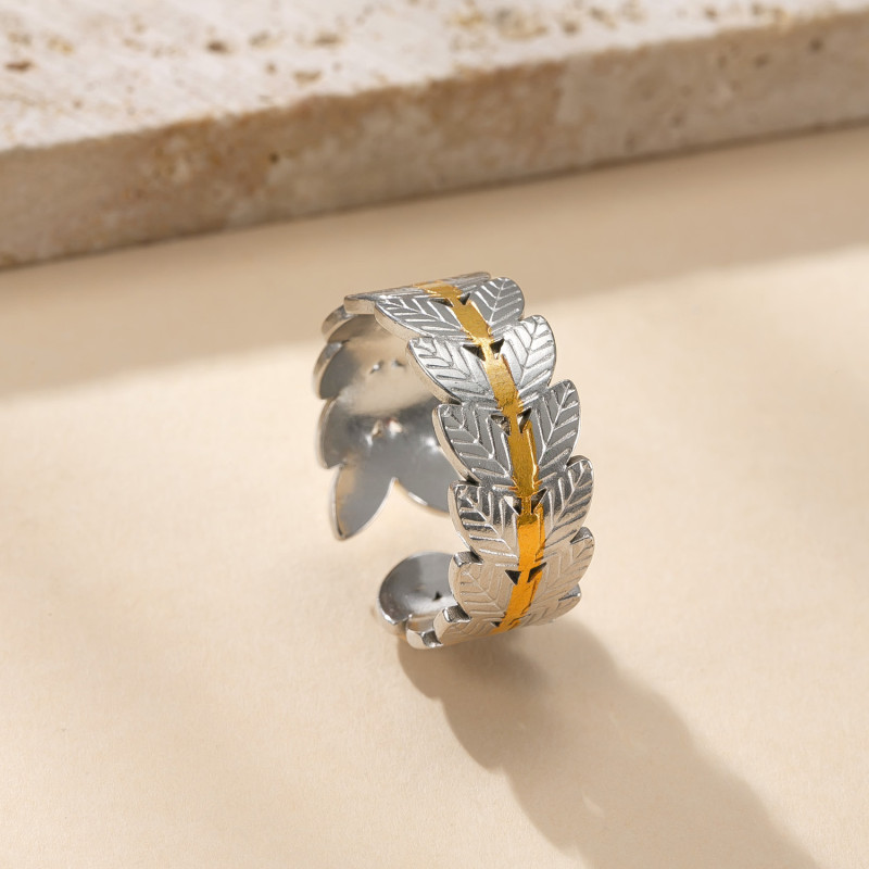 Cross-Border New Titanium Steel Jewelry High-End Feel 18K Gold Plated Open Ring Hydraulic Color-Block Leaf Stainless Steel Ring