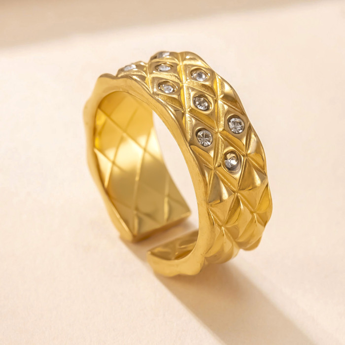 Stainless Steel Jewelry Stone-Studded Open Ring for Women Light Luxury High-End Feel 18K Gold Plated Titanium Steel...