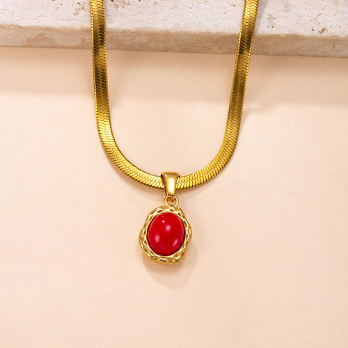 Single Pendant Cross-Border Stainless Steel Casting Jewelry High-End Vacuum Electroplated 18k Oval Natural Stone Necklace DIY