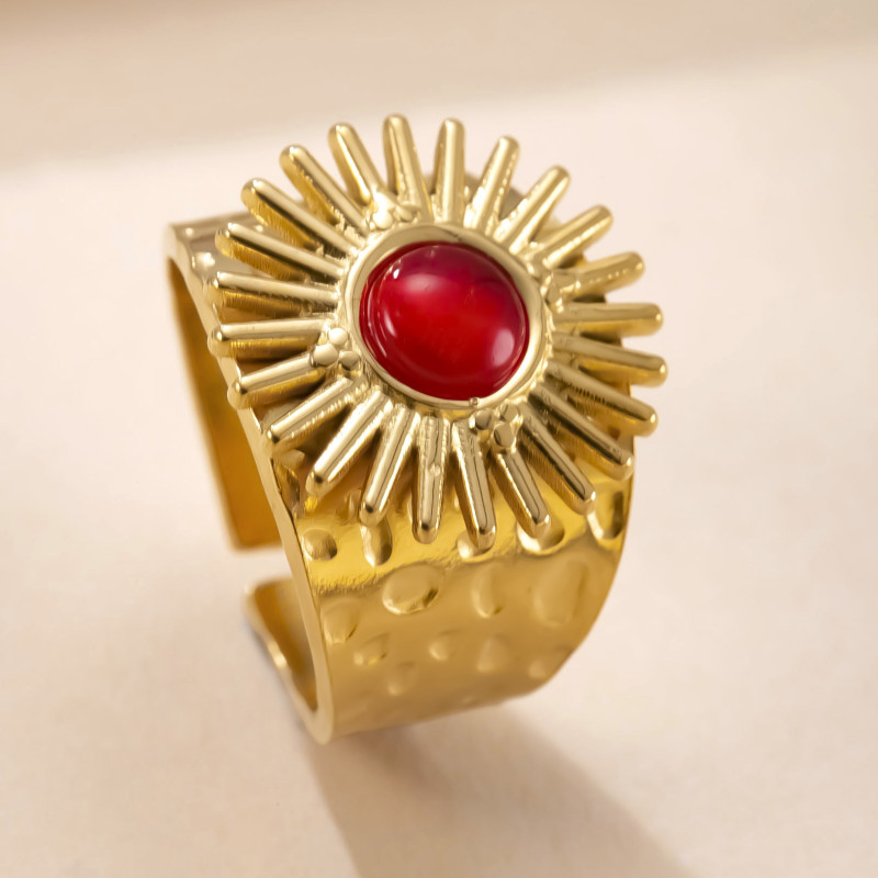 Cross-Border Vintage Style Titanium Steel Ring Sunflower Cat's Eye Stone Open Ring Light Luxury High-End Feel Stainless Steel Jewelry Wholesale